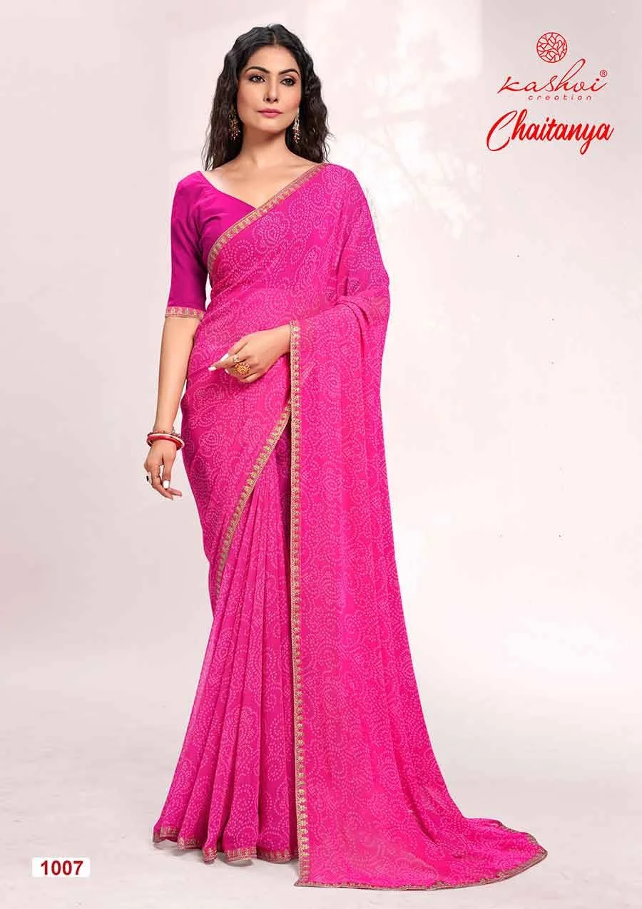 Kashvi Creation Chaitanya Bandhej Georgette Wholesale Sarees Catalog — Wholesale Sarees, Kashvi Creation wholesale from Surat - Gallery Image 8